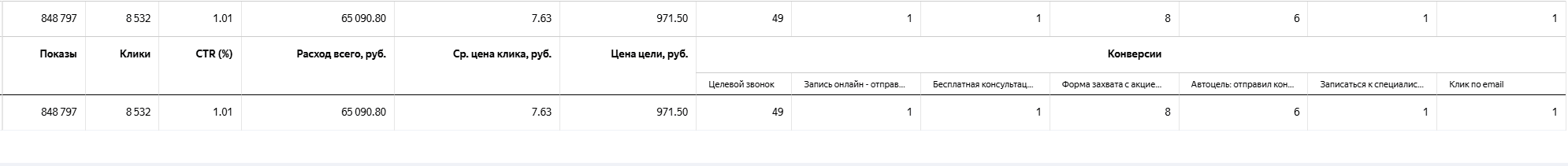 Метрика: цели по звонкам, первый месяц